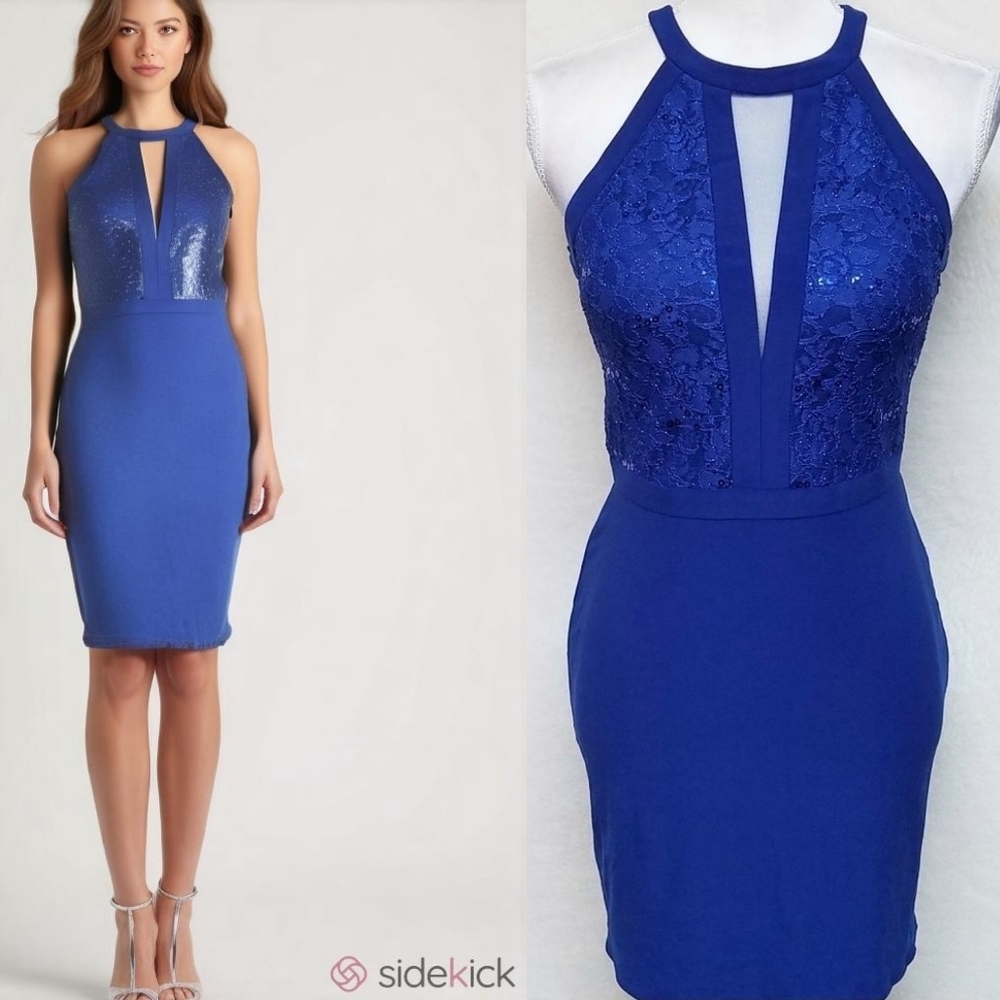 R&M Richards Retro Y2K Electric Blue Stretchy Illusion Mesh Bodycon Mini Dress 4